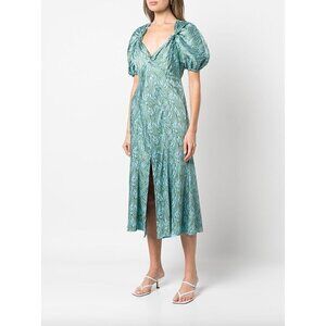 Cinq a Sept Marice Printed Satin Midi Dress Celeste Green Blue Womens 0